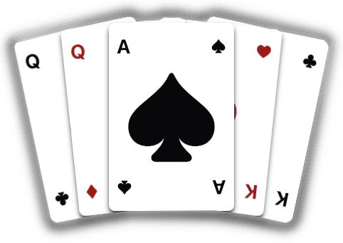 Five playing cards fanned out, with the Ace of Spades on top.