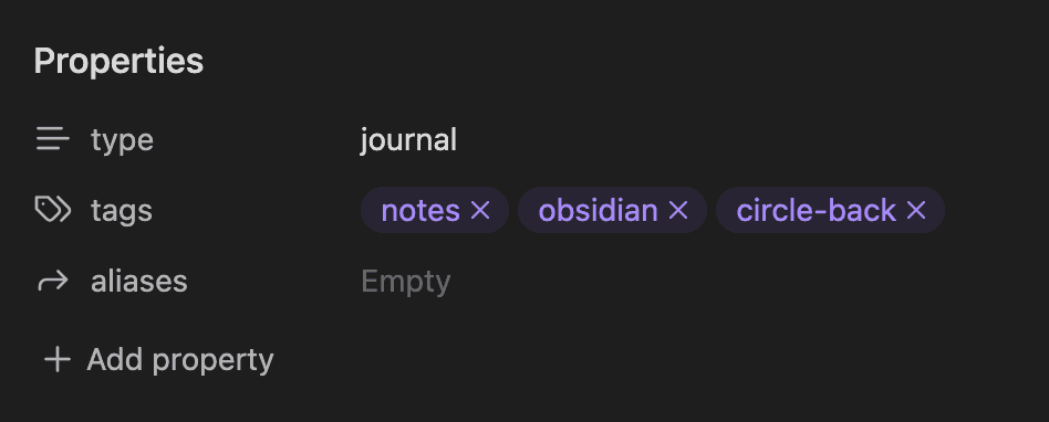 A screnshot of the metadata or properties portion of an Obsidian note with areas for types, tags, and aliases.